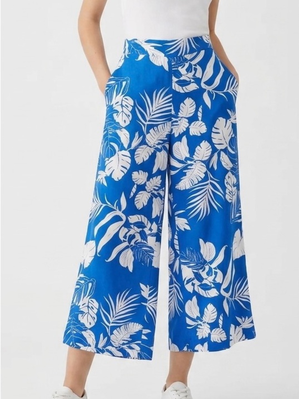 Panama Jack Blue White Tropical Palm Print Wide Leg Linen Rayon Pants Size S